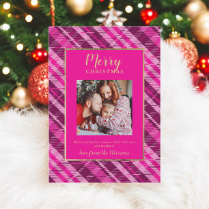 Cartes Pour Fêtes Annuelles Rustique Plaid Pink Gold Joyeux Noël 2 Photos