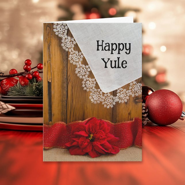 Cartes Pour Fêtes Annuelles Rustique Poinsettia Fleur et Ruban Rouge Joyeux Yu (Créateur téléchargé)
