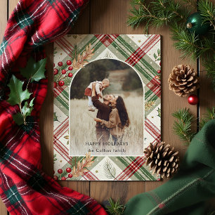 Cartes Pour Fêtes Annuelles Rustique rouge vert plaid avec Holly Arch 1 photo