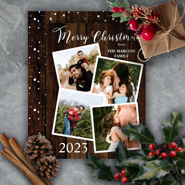 Cartes Pour Fêtes Annuelles Rustique Woodsy Faux Bois Joyeux Noël 4 Photo (Wish them "Merry Christmas" in country rustic style with this faux wood 4-photo design!)