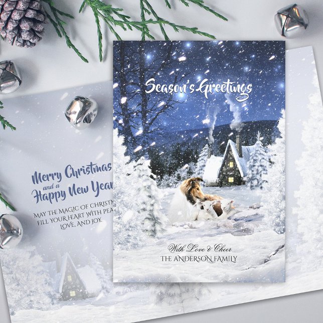 Cartes Pour Fêtes Annuelles Sable Rough Collie & Lambs Nuit de Noël Neige - (Créateur téléchargé)