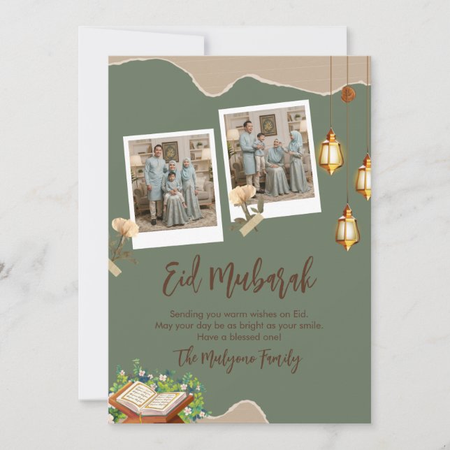 Cartes Pour Fêtes Annuelles Sage Green Aesthetic Eid Mubarak Card with Photo (Devant)