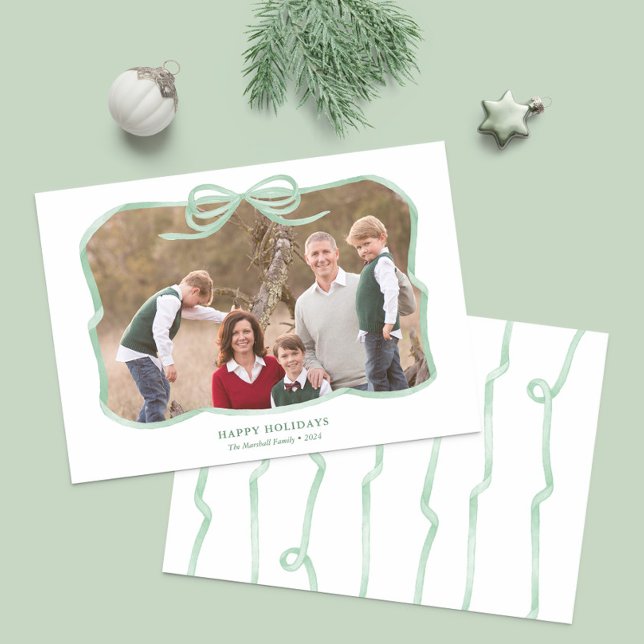 Cartes Pour Fêtes Annuelles Sage Green Bow Ribbon Frame Joyeux Noël Photo (Sage green bow photo Christmas cards featuring hand painted watercolor ribbons)