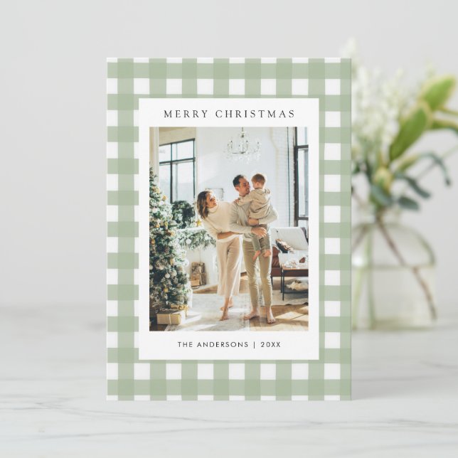 Cartes Pour Fêtes Annuelles Sage Green Gingham Plaid 5 Photo Christmas (Debout devant)