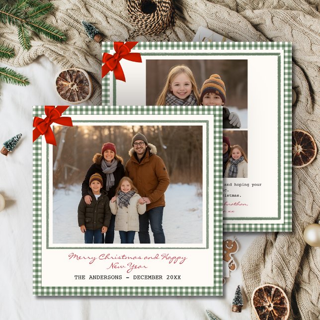 Cartes Pour Fêtes Annuelles Sage Green Gingham Plaid Square Photo Christmas (Sage Green Gingham Plaid Square Christmas Holiday card with Multi photo)