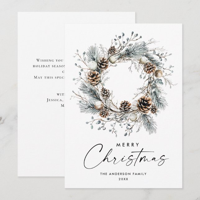 Cartes Pour Fêtes Annuelles Sage Green Pays Pine de Noël Cônes Wreath (Devant / Derrière)