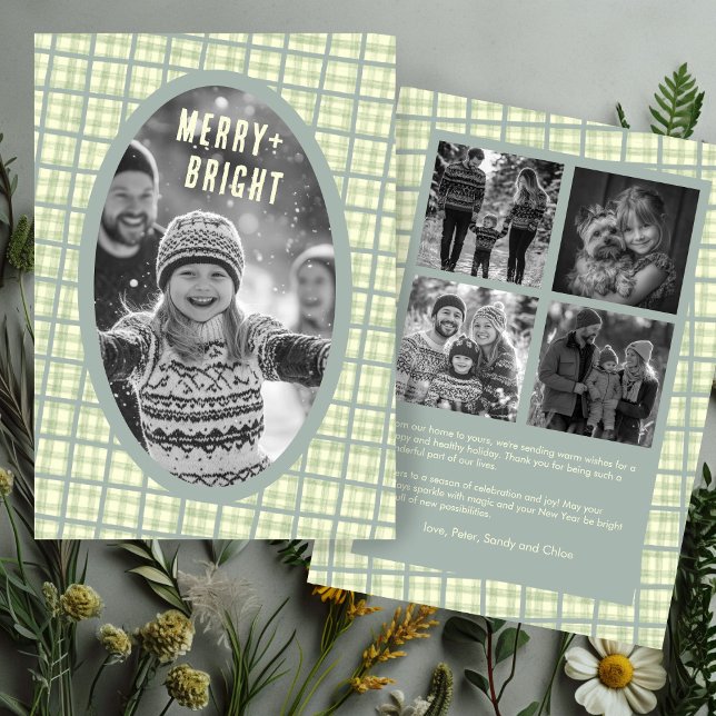 Cartes Pour Fêtes Annuelles Sage Plaid Gingham Christmas Custom Photo Collage (Sage Plaid Gingham Christmas Custom 5 Photo Collage Holiday Card
)