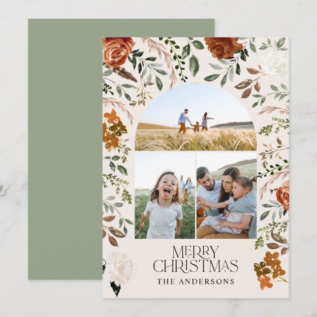 Cartes Pour Fêtes Annuelles Sage vert 3 photo botanique élégant arche vacances (Devant / Derrière)