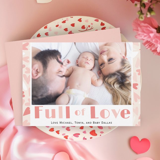 Cartes Pour Fêtes Annuelles Saint Valentin Coeurs roses Photo de famille moder (Valentine's Day Pink Hearts Modern Family Photo Holiday Card)