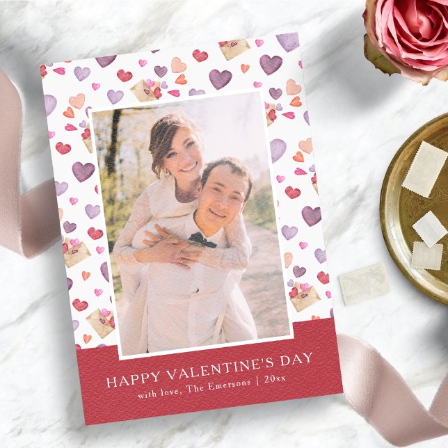 Cartes Pour Fêtes Annuelles Saint Valentin coloré (Watercolor Hearts Happy Valentine's Day Photo Card)