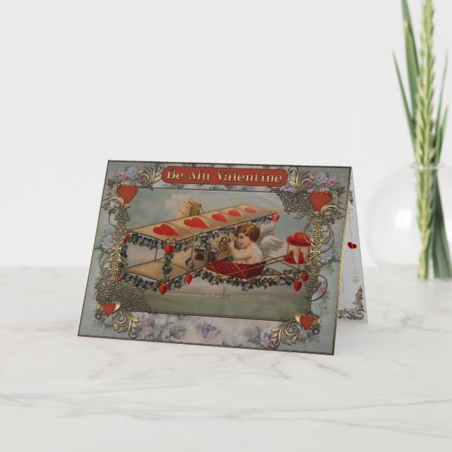 Cartes Pour Fêtes Annuelles Saint Valentin - Cupid vole dans un avion. (Devant)