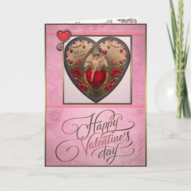Cartes Pour Fêtes Annuelles Saint Valentin - Cupidon et un grand coeur rouge. (Devant)