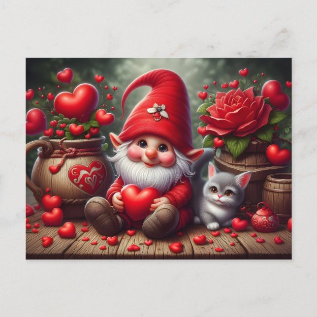 Cartes Pour Fêtes Annuelles Saint Valentin Gnome avec un chat (Devant)