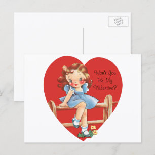 Cartes Pour Fêtes Annuelles Saint-Valentin Mignon Vintage, Fille sur une Clôtu