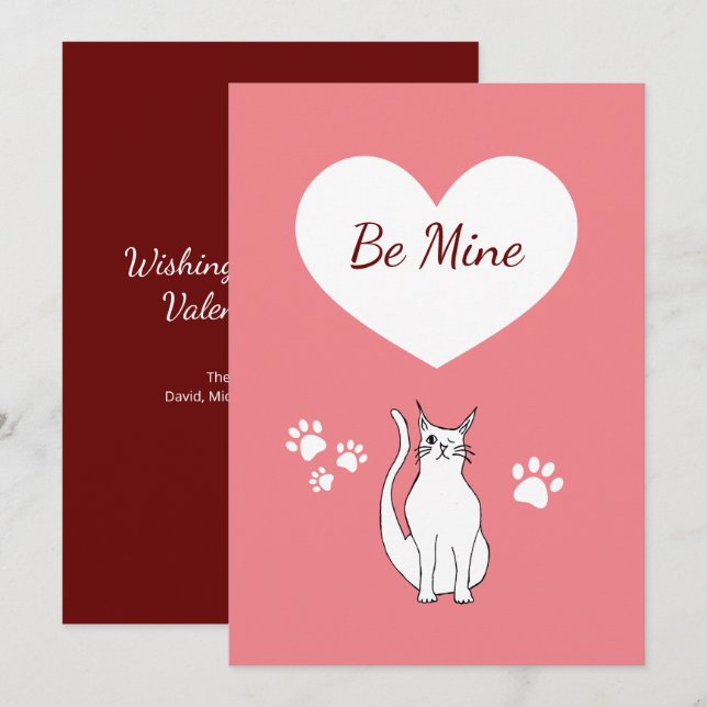 Cartes Pour Fêtes Annuelles Saint-Valentin mignonne main chaton tiré rose roug (Devant / Derrière)
