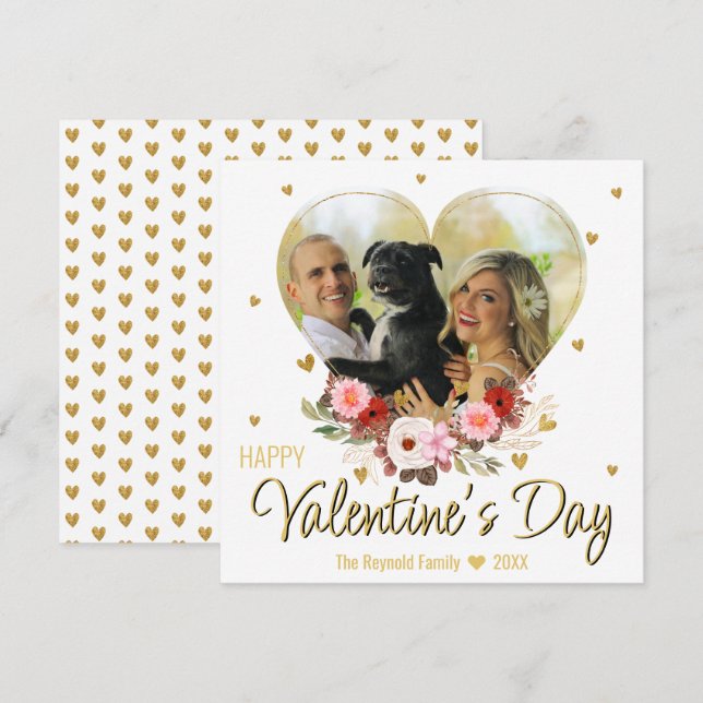 Cartes Pour Fêtes Annuelles Saint-Valentin Photo Coeur Paillettes d'Or Cœurs (Devant / Derrière)