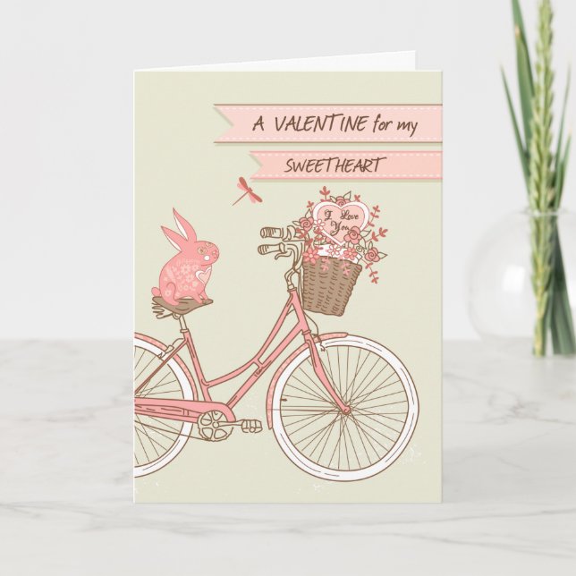Cartes Pour Fêtes Annuelles Saint-Valentin pour le lapin rose de vélo amoureux (Devant)