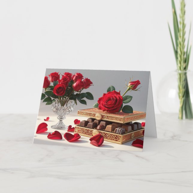 Cartes Pour Fêtes Annuelles Saint Valentin Roses rouges, sucreries (Devant)