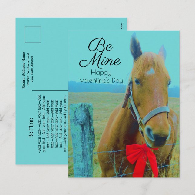 Cartes Pour Fêtes Annuelles Saint-Valentin Rustic Blue Horse Red Bow (Devant / Derrière)
