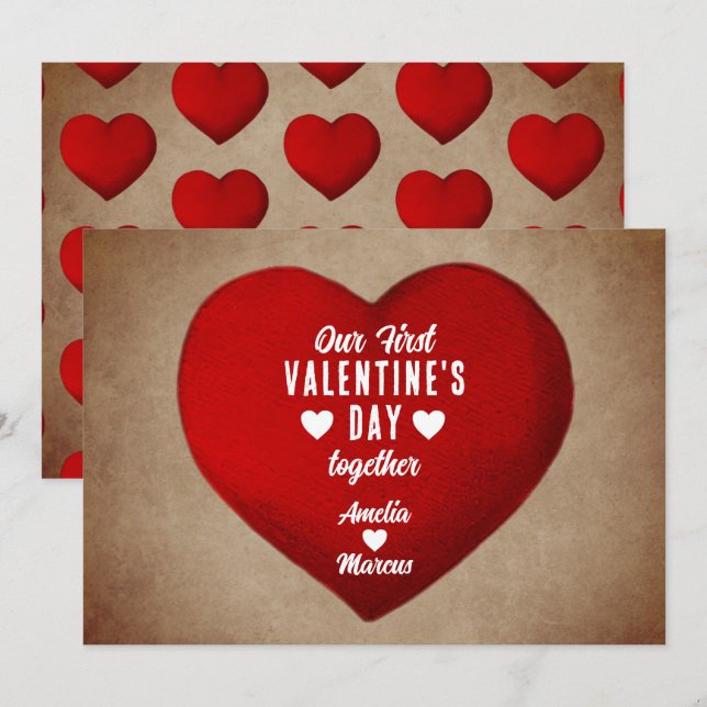 Cartes Pour Fêtes Annuelles Saint-Valentin Rustique Premier Ensemble Cœur Roug (Devant / Derrière)