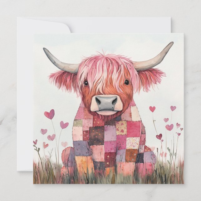 Cartes Pour Fêtes Annuelles Saint-Valentin Vache Highland Patchwork (Devant)