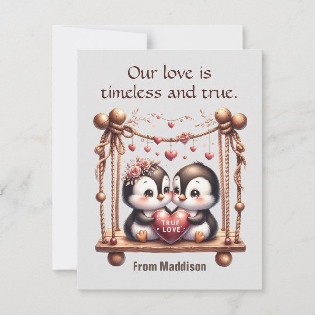 Cartes Pour Fêtes Annuelles Saint Valentin Véritable Amour Penguins sur la voi (Devant)