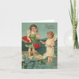 Cartes Pour Fêtes Annuelles Saint-Valentin vintage, Anges pêchant des cœurs