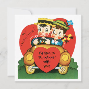 Cartes Pour Fêtes Annuelles Saint Valentin, Vintage fille et garçon en voiture
