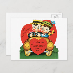 Cartes Pour Fêtes Annuelles Saint Valentin, Vintage fille et garçon en voiture