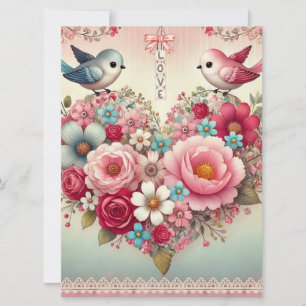 Cartes Pour Fêtes Annuelles Saint-Valentin vintage fleurs/oisillons/ coeurs