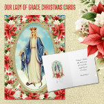 Cartes Pour Fêtes Annuelles Sainte Vierge Marie Catholique Noël Religieux<br><div class="desc">Avec une belle image de la Vierge Marie,  Notre-Dame de Grâce entourée d'un cadre en or filagret entouré de poinsettias rouges de Noël. Tout le texte et les polices peuvent être modifiés.</div>