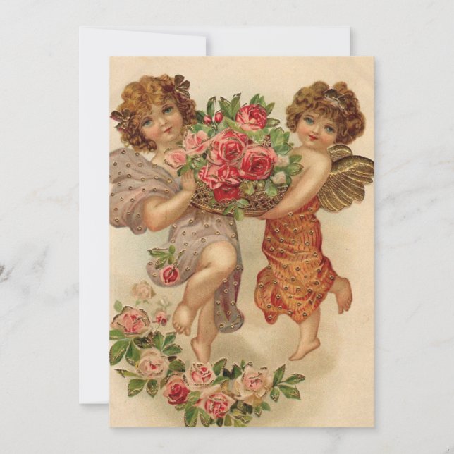 Cartes Pour Fêtes Annuelles Saints Valentins Anciens Chérubins Tenant des Fleu (Devant)