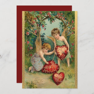 Cartes Pour Fêtes Annuelles Saints Valentins Vintage Chérubins Cœur Or