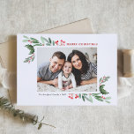 Cartes Pour Fêtes Annuelles Saison Aquarelle Holly et Greenery II<br><div class="desc">BONNES FÊTES ! Envoyez vos voeux de vacances avec cette carte à plat de Noël personnalisée en aquarelle verte. Il présente des illustrations d'aquarelles fantaisiques de reliefs et de bordures verdoyantes. Personnalisez en ajoutant une photo et des textes.</div>