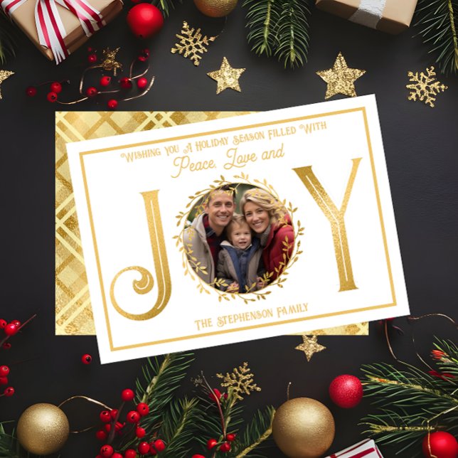Cartes Pour Fêtes Annuelles Saison de vacances vous souhaiter la paix amour et ("Wishing You A Season ... Peace Love and Joy" Faux Foil Photo White Christmas Holiday Flat Card )