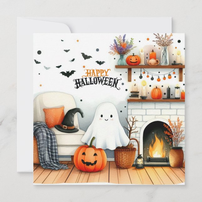 Cartes Pour Fêtes Annuelles Salon de la fête d'Halloween avec fantôme  (Devant)