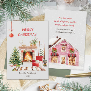 Cartes Pour Fêtes Annuelles Salon de Noël avec cheminée aquarelle Hygge