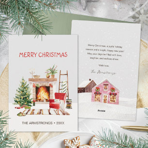 Cartes Pour Fêtes Annuelles Salon de Noël avec cheminée aquarelle Hygge