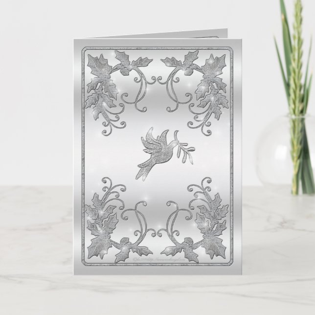 Cartes Pour Fêtes Annuelles Salutation argentée de houx et de colombe (Devant)
