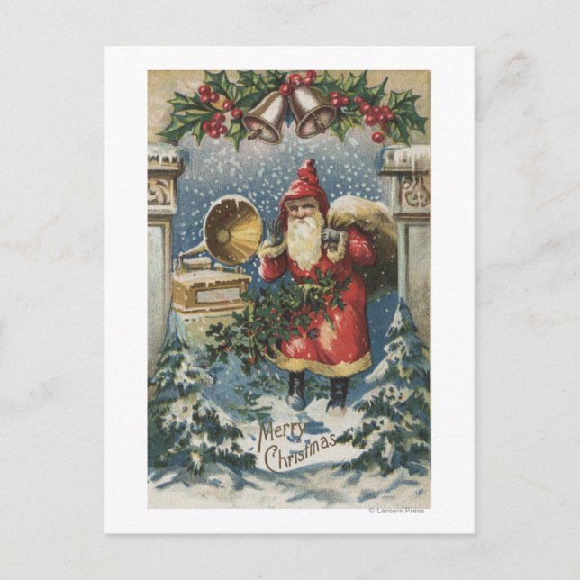Cartes Pour Fêtes Annuelles Salutation de NoëlPère Noël et Joueur de disques (Devant)