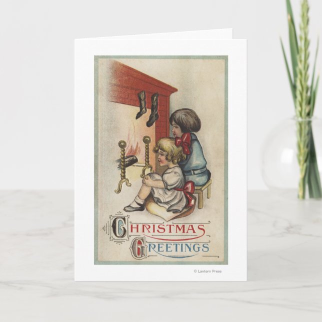 Cartes Pour Fêtes Annuelles Salutation de NoëlPetites filles par cheminée (Devant)