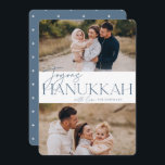 Cartes Pour Fêtes Annuelles Salutation festive | 2 Photo Joyous Hanoukka<br><div class="desc">Notre design festif et élégant de carte Hanoukka est la façon parfaite de montrer deux de vos photos de famille préférées. Design caractéristiques "Joyous Hanoukka" en ardoise poussiéreuse typographie serif bleu et écriture manuscrite,  avec votre nom de famille. Les cartes retournent à un motif étoilé blanc.</div>