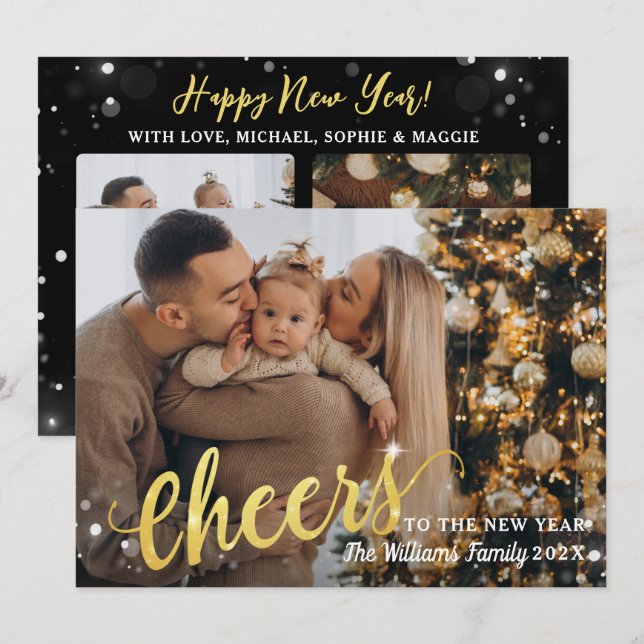 Cartes Pour Fêtes Annuelles Salutations au Nouvel An Étincelle Lumière 3 Photo (Devant / Derrière)