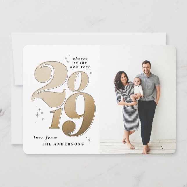Cartes Pour Fêtes Annuelles Salutations de la nouvelle année or 2019 photo vac (Devant)
