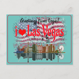 Cartes Pour Fêtes Annuelles Salutations de Las Vegas Skyline American Flag