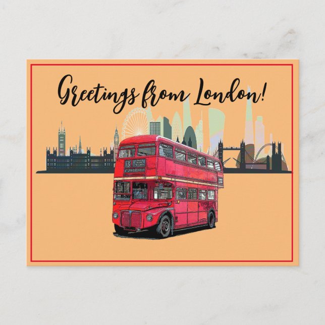 Cartes Pour Fêtes Annuelles Salutations de Londres Skyscape Red Bus Souvenir (Devant)