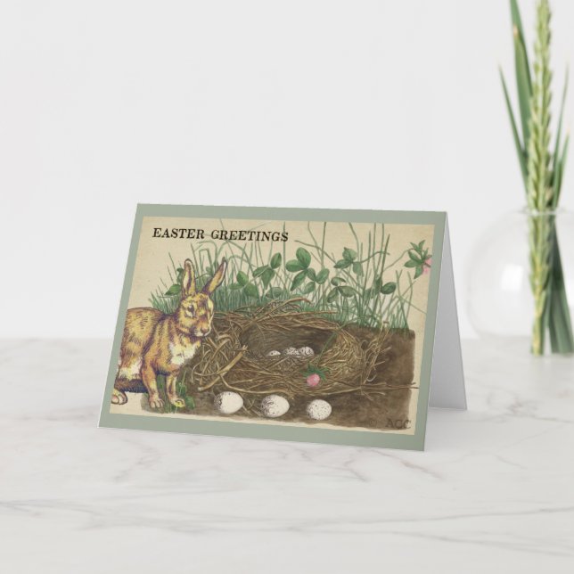 Cartes Pour Fêtes Annuelles Salutations de Pâques lapin, oeufs, nid, herbe, tr (Devant)
