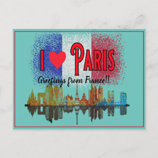 Cartes Pour Fêtes Annuelles Salutations de Paris Skyline French Flag Souvenir