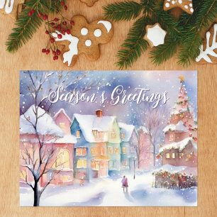 Cartes Pour Fêtes Annuelles Salutations de saison de village d'hiver à l'aquar