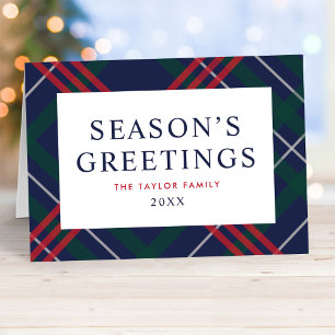 Cartes Pour Fêtes Annuelles Salutations élégantes de la saison à carreaux Navy